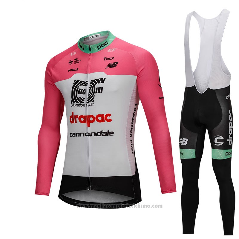 2018 Abbigliamento Ciclismo Cannondale Drapac Bianco e Rosa Manica Lunga e Salopette